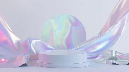 Holographic flying fabric, a round podium platform on a white background