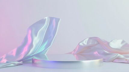 Platform for the catwalk on a white background. with a holographic sparkling layout of floating fabric