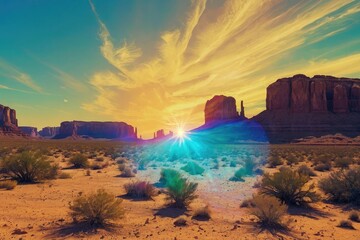 Sahara Desert Sunset Eroded Sandstone Cliffs and Cacti Landscape at The Monument