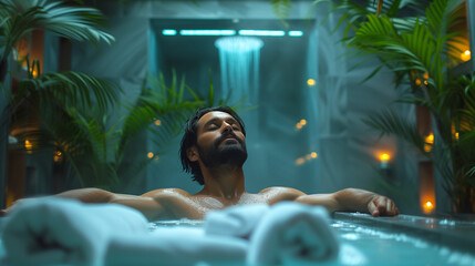 man relaxing in the pool in the spa centre