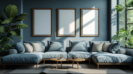 Three Wooden Mock-up Frames on Living Room Wall