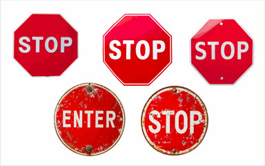 Set of metal signs with the word STOP and ENTER. Sign with a note vector drawing.
