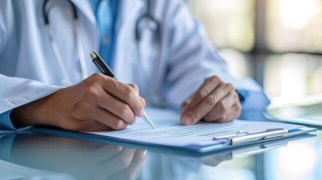 Close Photo Of Doctors Hands Is Writing. Physician Filling Out Insurance Form For Comprehensive Medical Coverage.