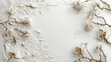 White round flower wedding frame cards with small delicate white flowers and branches on white background, bridal shower or other party invitation cards, Place for text. Flat lay, top view.	