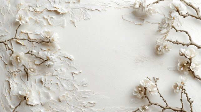 White round flower wedding frame cards with small delicate white flowers and branches on white background, bridal shower or other party invitation cards, Place for text. Flat lay, top view.	