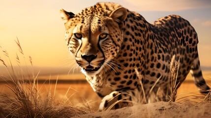 African cheetah walking on plain, staring with alertness