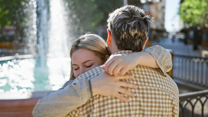 A romantic couple embraces near a city fountain, conveying love and togetherness in an urban park...