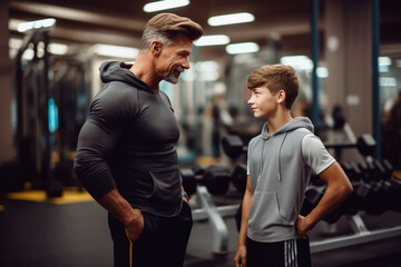 Middle-aged man and a teenager in sportswear are talking in the gym. A coach instructs his student during training. Father and son play sports together.