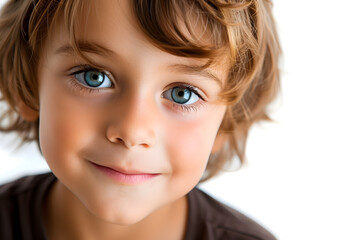 Closeup portrait of handsome little boy isolated on white background
