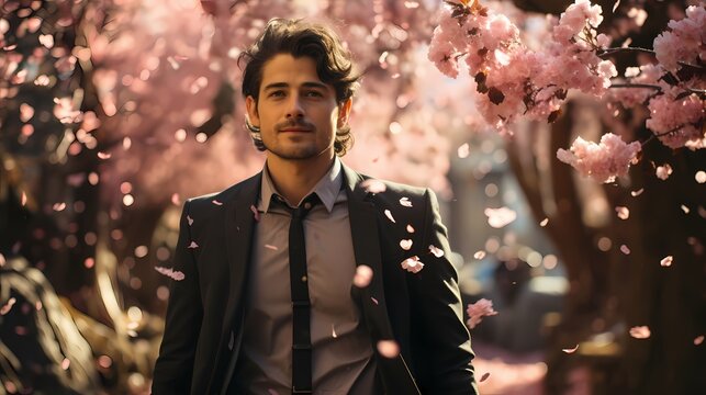 A candid image of a Japanese male model walking alongside a row of blooming cherry blossom trees, captured by a handheld HD camera, encapsulating the beauty of nature and fashion coming together