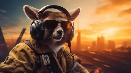Fotobehang An adventurous kangaroo in a pilot's outfit, complete with aviator sunglasses and a flight jacket, enjoying music with earbuds before takeoff ©  ALLAH LOVE