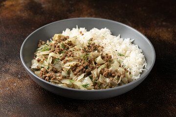 Unstuffed cabbage roll with ground beef, rice and vegetables.