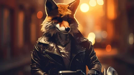 Rolgordijnen An urban fox wearing a leather jacket and sitting on a motorcycle ©  ALLAH LOVE