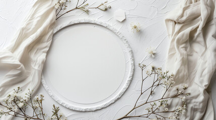 White round frame with small delicate white flowers on white background. wedding cards, bridal shower or other party invitation cards, Place for text. Flat lay, top view.	