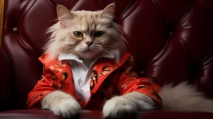 Tuinposter A chic cat dons a fashionable jumpsuit and accessorizes with trendy sunglasses, posing confidently against a vivid red backdrop. Its modern style and adorable presence make it a true fashionista ©  ALLAH LOVE