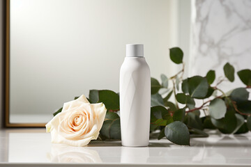 A cosmetic bottle product for skin care white mockup. rose natural cosmetics. AI