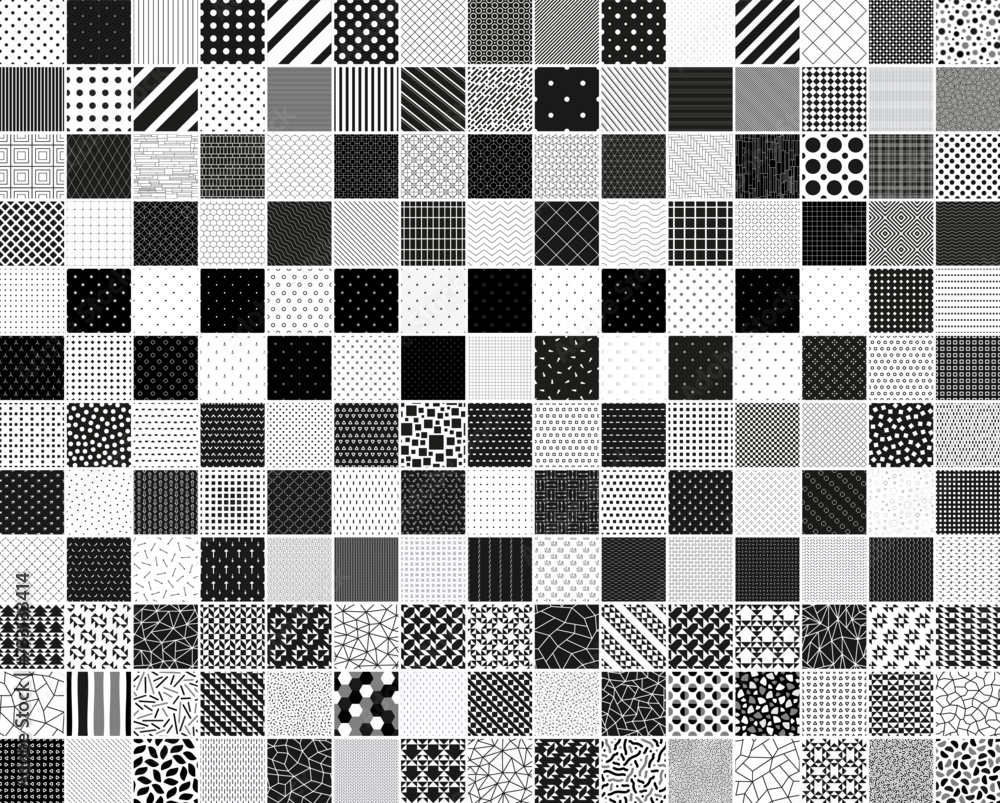 Fototapete Collection of vector seamless geometric patterns in different styles. Monochrome repeatable unusual backgrounds. Black and white minimalistic design. Textile endless prints