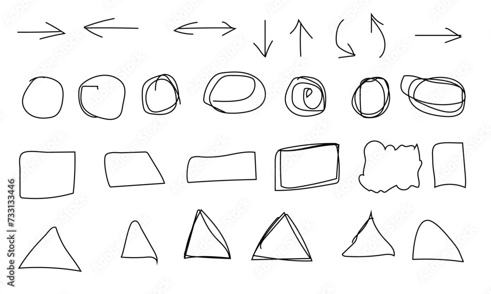 Poster abstract set of sketch lines arrows, square, circle element. hand drawn pen lines doodle sketches ar