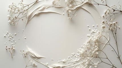 White wedding card frame with small delicate white flowers and branches on white background. wedding cards, bridal shower or other party invitation cards, Place for text. Flat lay, top view.	