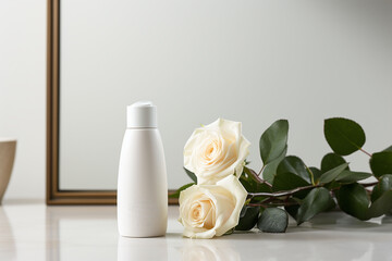 A cosmetic bottle product for skin care white mockup. rose natural cosmetics. AI