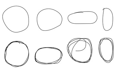 Abstract set of sketch lines circle element. Hand drawn pen lines doodle sketches circle lines. Hand drawn marker and pencil thick circle in different directions. Freehand marker scratch scribble  - obrazy, fototapety, plakaty
