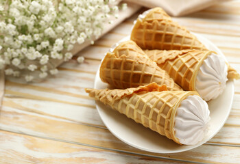 Fototapeta na wymiar vanilla ice cream in a waffle cone