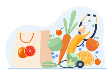 Healthy food vector illustration. Paper bag with fresh vegetables and fruit and stethoscope. National nutrition month, health concept
