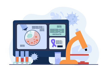 High-power microscope showing destruction of cancer cells on computer. Vector illustration. Cancer cells, test tubes, pills on background. Effective methods for cancer treatment concept