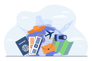 Obraz premium International travel and tourism concept. Vector illustration of passport, tickets, photocamera and summer hat. Planet with landmarks and airplane on background.