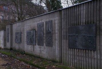 Bad Freienwalde, Germany - Jan 13, 2024: This war cemetery contains the graves of 1,843 Soviet soldiers and officers who fell in 1945 during Second World War. Cloudy winter day. Selective focus