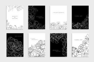 Collection of black and white floral covers, templates, placards, brochures, banners, flyers and etc. Monochrome outline backgrounds, postcards, posters, invitation. Elegant cards with drawing flowers