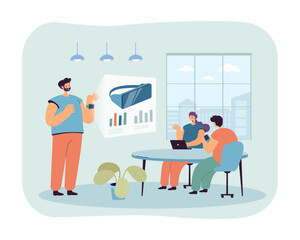 Man using smartwatches to present new VR headset to public. Vector illustration. People sitting at desk, using modern devices. Presentation of new functions of modern devices. Latest technologies 
