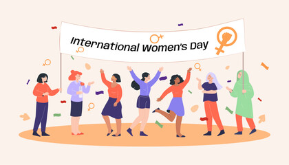 Women of different nationalities celebrating International womens day vector illustration. Venus signs, confetti and banner on background. Empowerment, equity, womens rights, equality concept