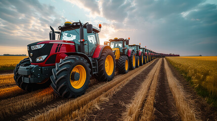 Fototapeta premium Farmers' strike: Gathering of tractors before departure