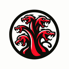 Hydra Emblem with Multiple Heads in a Red and Black Circle, Mythological Creature Logo Design