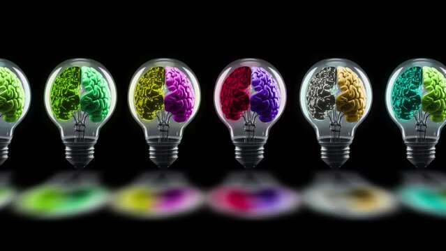 Brain Inside The Light Bulb And Changing Random Color, Light Bulb Idea Concept Animation, Human Brain Inside The Light Bulb Abstract Motion Design, Futuristic Light Bulb Idea Concept Animation. Brain 