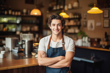 Fototapeta premium Attractive young man at the counter in a coffee shop smiles affably and looks at the camera. Woman barista in the workplace.