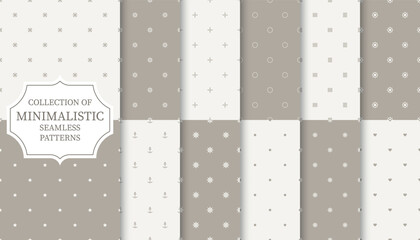 Collection of simple seamless neutral beige geometric patterns. Delicate minimalistic beautiful backgrounds. Cute fabric prints with symbols