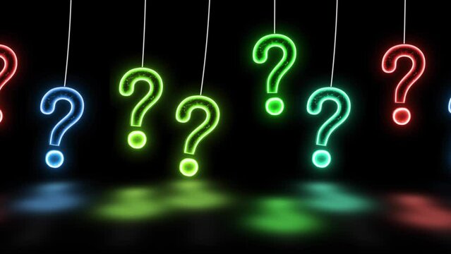 Glowing Neon Question Mark Moving On Black Background. Hanging Bright Neon Question Mark And Moving Animation. Glowing Question Mark Hanging Animation On Black Background. Randomly Color Changing Ques