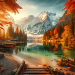 Poster beautiful autumn scene of hintersee lake colorful morning view of Bavarian alps on the Austrian wallpaper © RANAMUHAMMAD