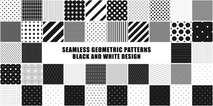 Collection of vector seamless geometric minimalistic patterns in different styles. Monochrome repeatable backgrounds. Endless black and white prints. Dotted and striped textures