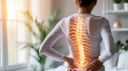 Digital composite of highlighted spine of woman with back pain at home. Back pain at home: spine highlighted, discomfort revealed. - obrazy, fototapety, plakaty