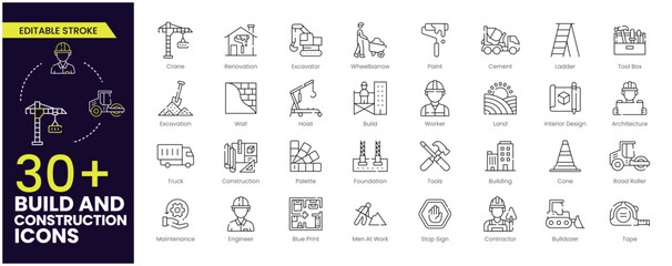 Build and construction stroke icon set. Containing crane, building, land, excavator, maintenance, contractor, worker, architecture and more. Editable outline icons vector collection.