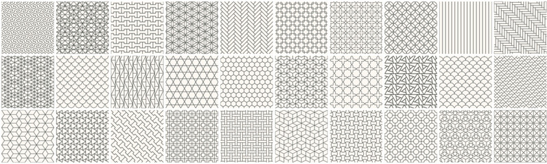 Collection of seamless ornamental geometric patterns - unusual design. Vector repeatable grid outline textures - symmetric ornate prints. Monochrome backgrounds - 733135093