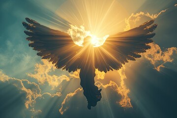 Guardian angel soaring in the sky among the clouds in the bright rays of the sun. Religious Christian concept of faith, hope and rebirth