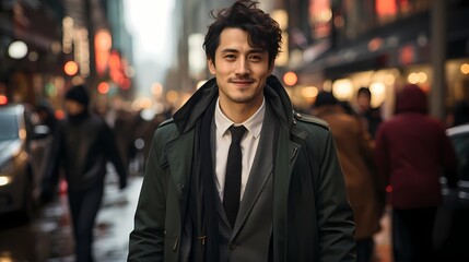 A dynamic capture of a Japanese male model walking briskly across a busy intersection, taken from a handheld HD camera, emphasizing his confident stride and fashionable ensemble