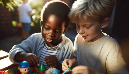 A Caucasian boy plays with toys together with an African American boy indoors as friends. - obrazy, fototapety, plakaty