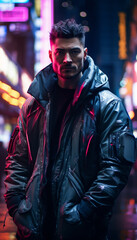 Obraz premium A man in futuristic city gangster look in a cyberpunk neon painting. generated by AI.