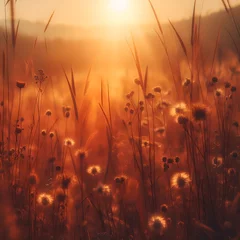 Fotobehang abstract warm landscape of dry wildflower and grass meadow on warm golden hour sunset or sunrise wallpaper © RANAMUHAMMAD