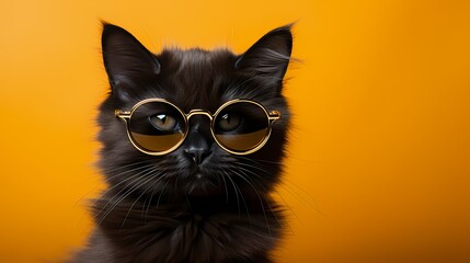 A cute kitty sports a vintage-inspired ensemble, complete with retro glasses and a bowtie, against a solid bright yellow background. Its retro-cool fashion sense and playful expression